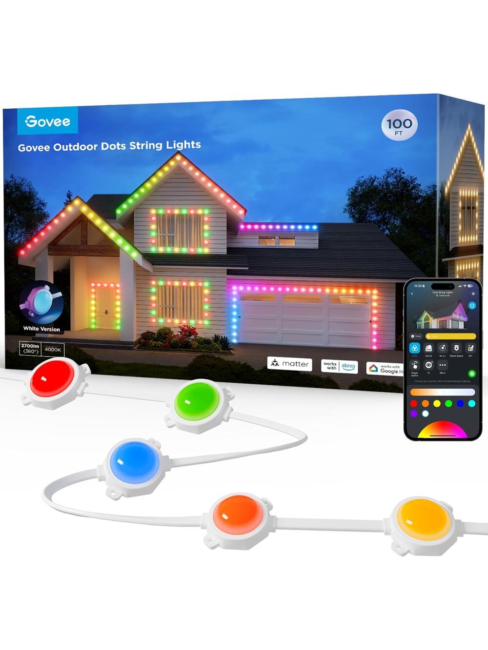 Govee Outdoor LED Dot Strip Lights, 45 RGBIC LED Lights 100FT String Lights